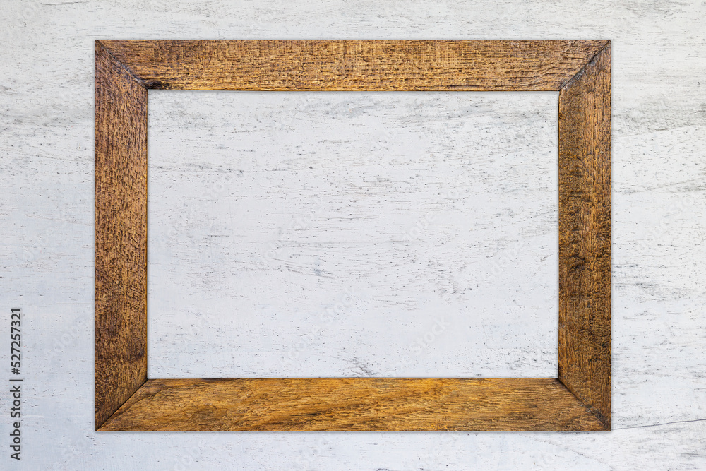 Fototapeta premium Wooden frame on white wood texture background, old frame with space on white background