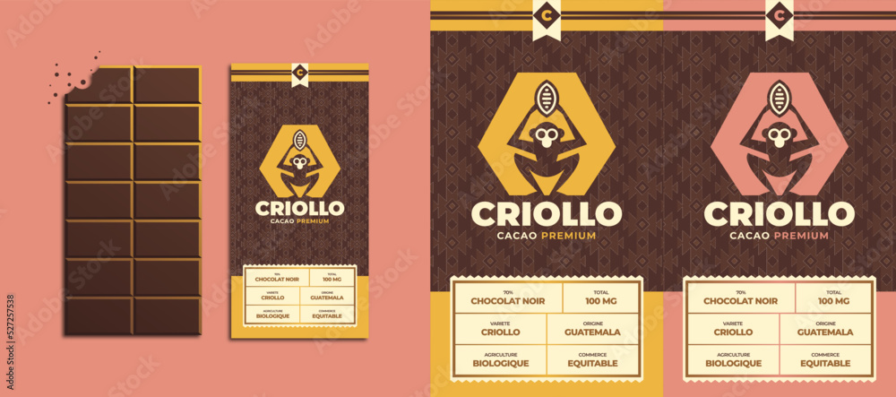 Branding for a cocoa brand. Packaging of a chocolate bar. Exotic brand identity with a monkey.