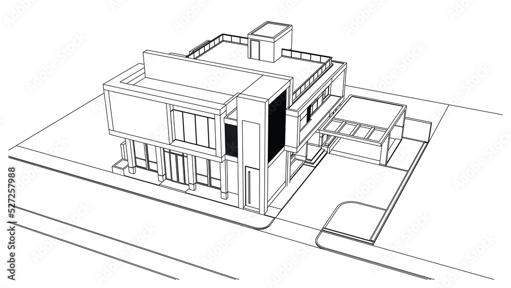 Wireframe of house. Wireframe perspective. 3D wireframe building.