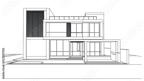 Wireframe of house. Wireframe perspective. 3D wireframe building.