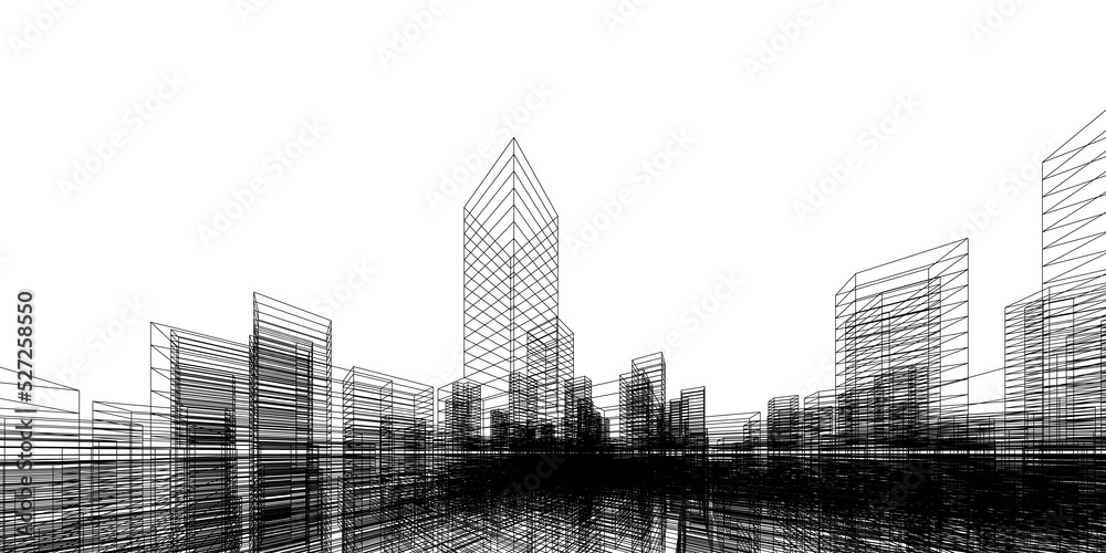 Wireframe perspective background. Building wireframe. Wireframe city ...