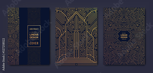 Set of vector Art deco, gatsby golden covers. Creative design templates. Trendy graphic poster, brochure, design, packaging, branding. Geometric shapes, ornaments, elements. Building, city