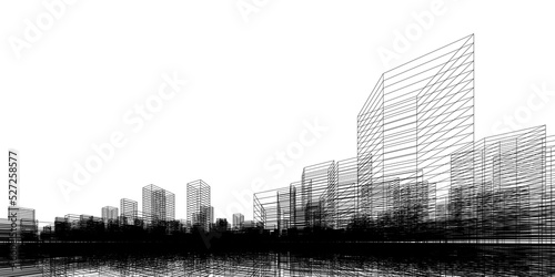 Wireframe perspective background. Building wireframe. Wireframe city background. #527258577
