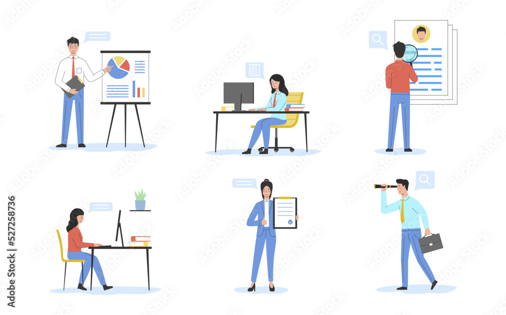 HR and Headhunter Service Concept. Human Resources, Candidates, Performance Management, Find Employee, Job Applicant. People Employees Send CV For Interviev. Cartoon Flat Style. Vector Illustration