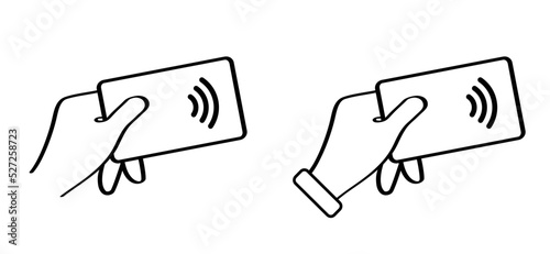 to check in or out. Cartoon hand with contactless wireless payment card means. Credit card nfc. Vector mobile payment concept. Pay symbol or pictogram, Tap to pay icon. Near-field communicatie