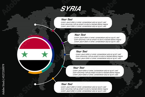 Syria circle infographic with information text spaces, black background with world map, info template