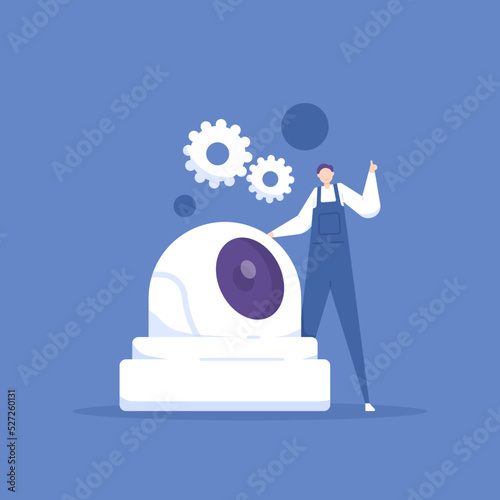 CCTV camera repair, installation and maintenance services. a technician is repairing a broken cctv. security camera system installation. work and profession. flat cartoon illustration. concept design