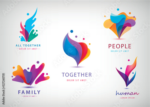 Vector set of men group logo, human, family, teamwork, eco leaves icon. Community, people together sign in modern wavy style. Colorful, 3, 4, 5 person.