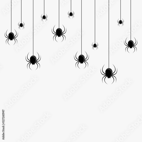 Halloween background. Terrible, black spiders hang from the ceiling on cobwebs. Use for Halloween designs.
