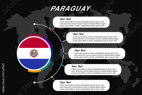 Paraguay circle infographic with information text spaces, black background with world map, info template