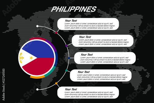Philippines circle infographic with information text spaces, black background with world map, info template