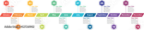 Presentation timeline business infographic template for 12 months, 1 year, 12 Months Concepts timeline work flow processes or steps, Hexogon Timeline infographic