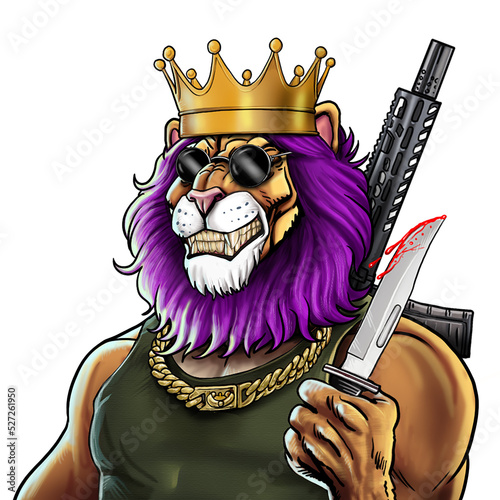 mascot of a dangerous lion in the jungle with a rifle and a knife in his hand	
