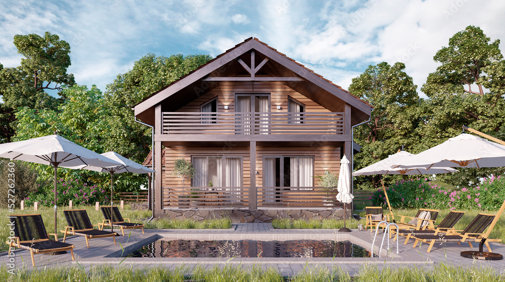  Wooden style house. Beautiful landscape and wonderful outlook. Located in a picturesque area. 3d render