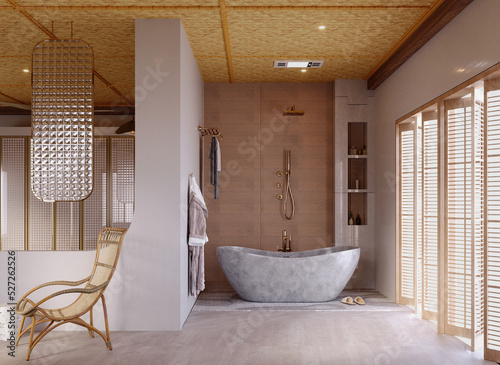 3d rendering,3d illustration, Interior Scene and  Mockup,scandinavian style bathroom render 3d,natural wooden furniture.