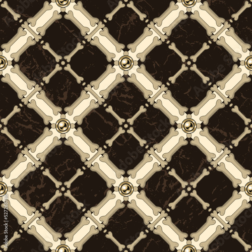 Checkered pattern with rhombus grid of bones  distressed wood textured squares  golden beads. Classical argyle vector seamless background for Halloween  Dia de Muertos decoration.