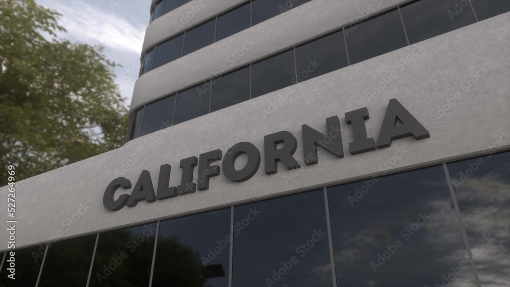 Obraz premium California sign on a modern skyscraper. California building. 3d illustration