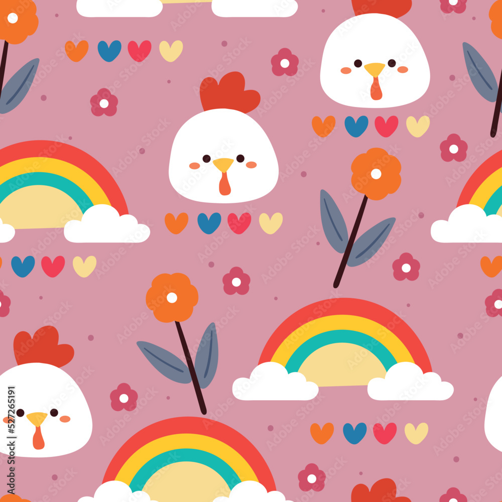 seamless pattern cartoon chicken, rainbow and flowers. cute animal wallpaper for textile, gift wrap paper