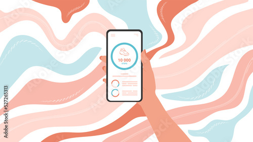 Girl holding phone, on screen step tracking app, pedometer, flat cartoon style illustration, step counter for running or walking for smartphone. Vector
