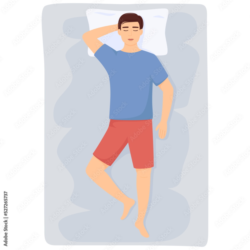 Fototapeta premium Man sleeps. Man in pajamas sleeping on bed. Top view. Vector illustration