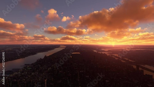 Aerial front shot at sunset of skyscrapers and buildings in Central Park, New York. United States of America