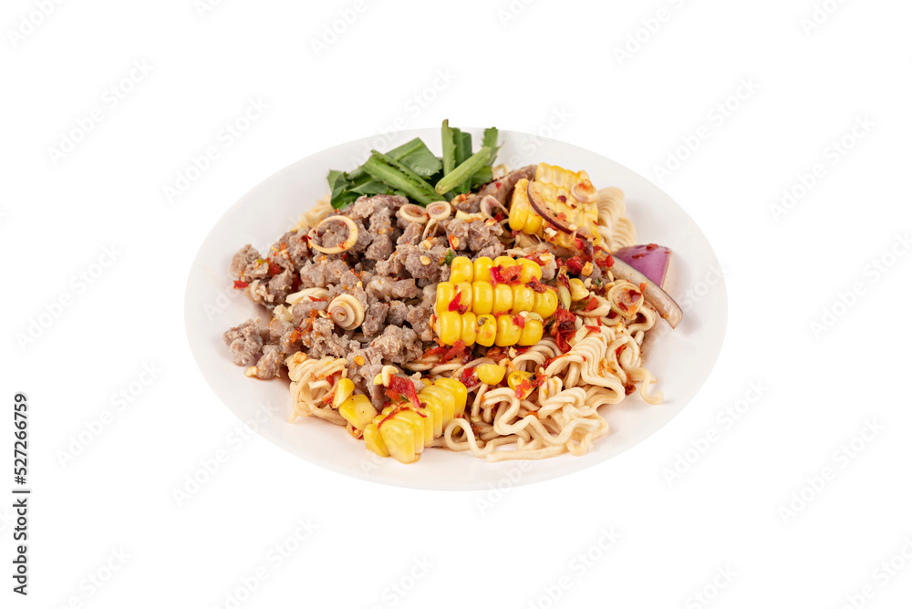 spicy minced pork salad on dish spicy minced pork salad on dish