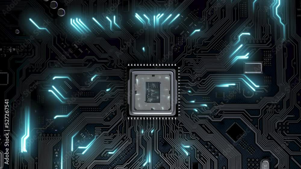 Pulses and neon signals come from the microprocessor and propagate through the motherboard. High quality 4k footage