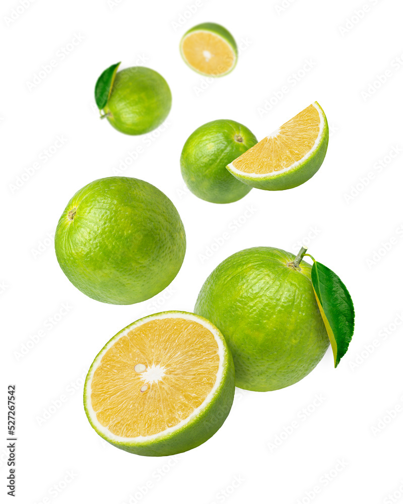 Aurantium citrus (Bitter orange or Seville orange) with cut in half sliced and green leaf isolated on white background.