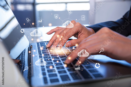Εκτύπωση καμβά business woman using computer ,The correlation graph of stored data is linked on
