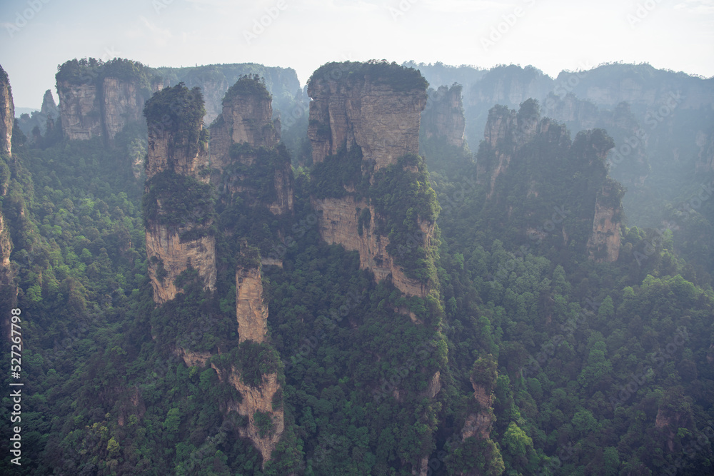 Horizontal image with copy space for text of the Wulingyuan National forest park, Zhangjiajie, Hunan, China, sunset picture, Avatar mountains