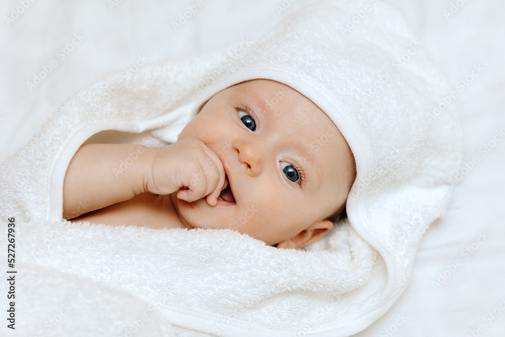 Portrait of a baby, Happy smiling baby in a towel after bathing
Portrait of a baby, Happy smiling baby in a towel after bathing