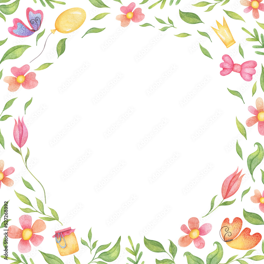 Summer frame with foliage, flowers, cute butterflies for baby shower, Birthday card