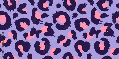 Animal print, purple leopard, vector seamless pattern in the style of doodles, hand drawn