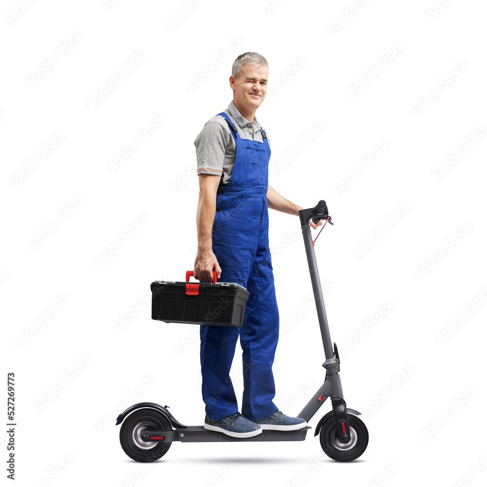 Professional repairman riding an electric scooter
