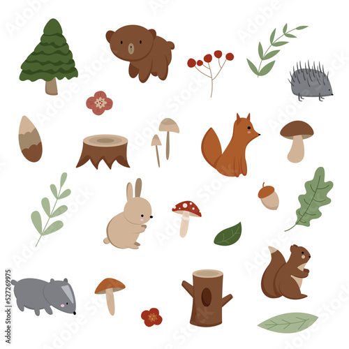 Set of cartoon elements of forest. Collection of woodland attributes. Cute forest animals bear, squirrel, rabbit, hedgehog, fox, raccoon. Vector illustration for children.