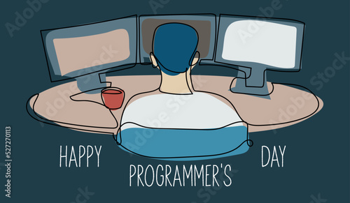 A postcard for the programmer's day. Graphic style of colored spots and contour lines. Suitable for printing advertisements, banners, flyers, postcards.