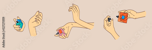 female or male hands hold perfume or spray on the skin. the illustration is hand-drawn in a flat style.