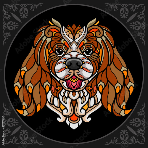 Colorful dog head zentangle arts isolated on black background