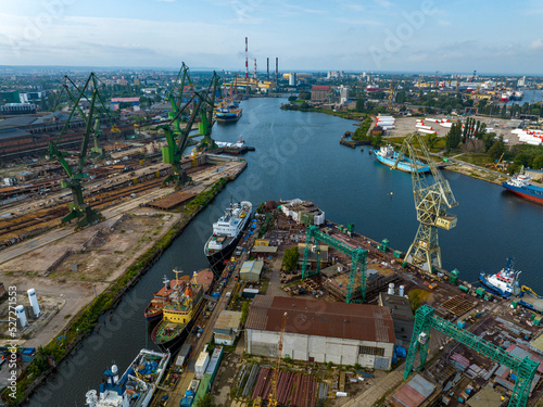 Cranes in Gdansk Shipyard Aerial View. Motlawa River Industrial Part of the City Gdansk  Poland. Europe. 