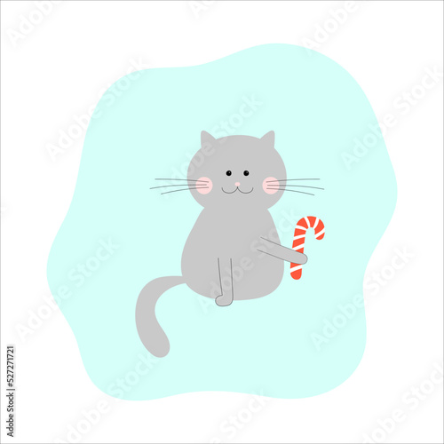 grey cat with Christmas sweet lollipop in his paw