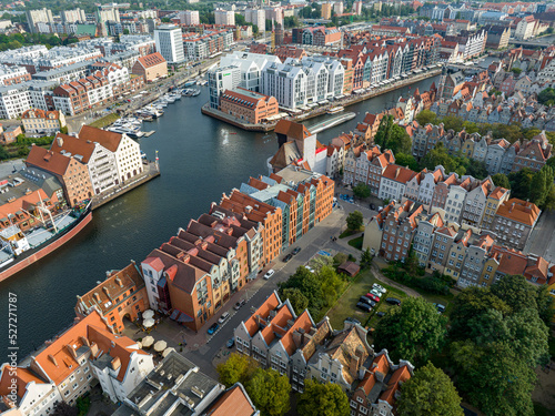 Gdańsk. Historical Old City of Gdańsk, Motława River and Traditoinal City Architecture from Above. Poland, Europe. 