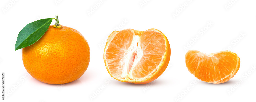Clementine or tangerine orange fruit with green leaf and cut in half sliced isolated on white background. Clementine or tangerine orange fruit with green leaf and cut in half sliced isolated on white background.
