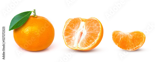 Clementine or tangerine orange fruit with green leaf and cut in half sliced isolated on white background.