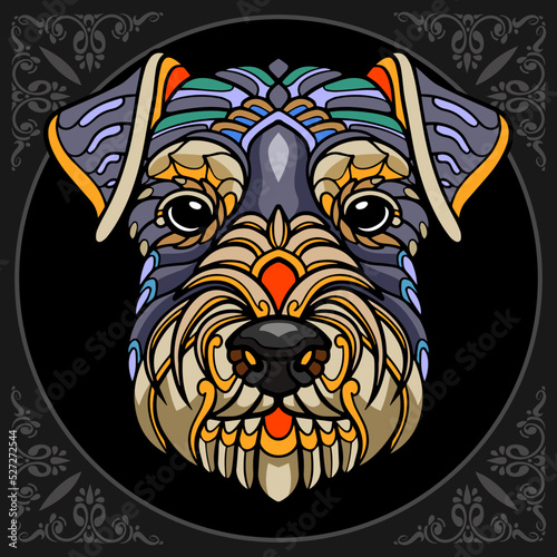 Colorful dog head zentangle arts isolated on black background