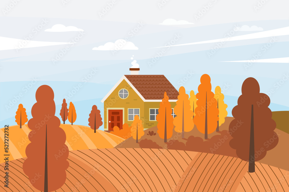 Autumn rural landscape of a small house on a hill with trees ...