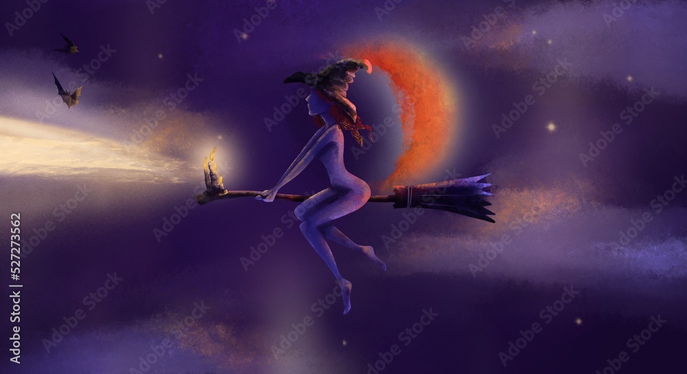 a witch on a broom flies against the backdrop of the moon