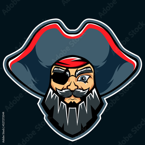 Pirate with a black beard in a hat and eyepatch. Design for print, stickers, and emblems for esports team. vector illustration