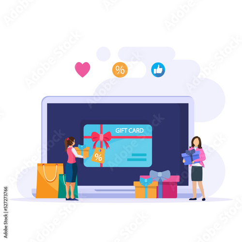 Gift card vector concept. Customer happy about discount card from store online while shopping
