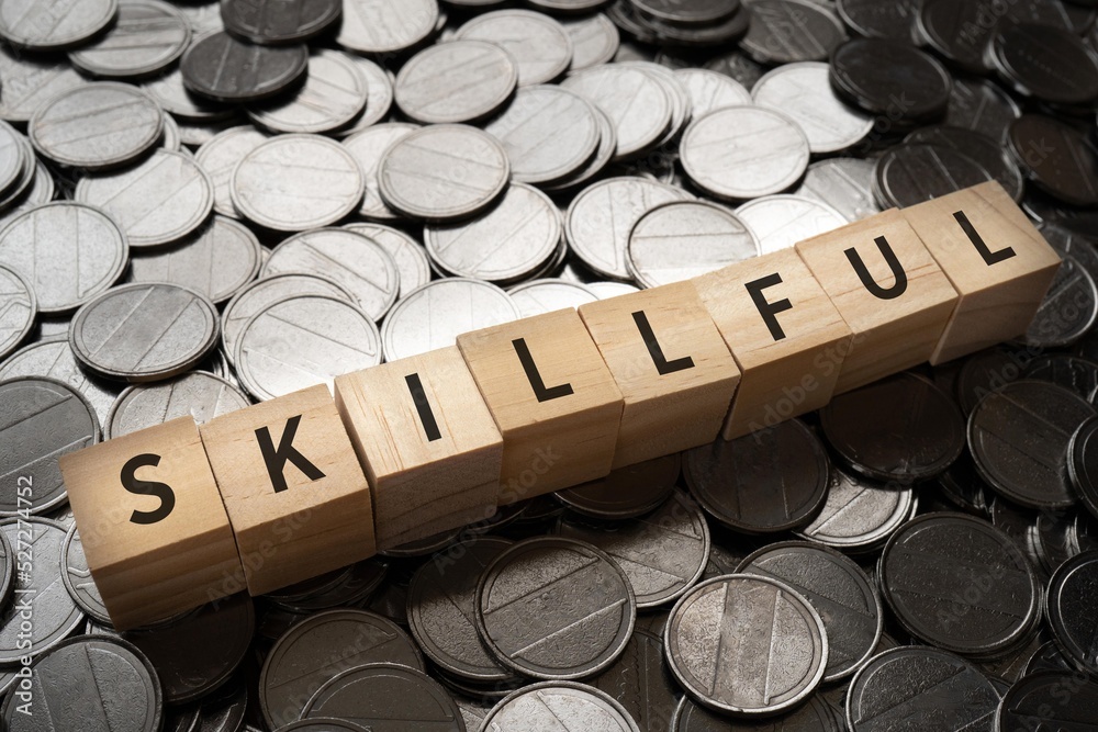 Φωτογραφία SKILLFULLと書かれたブロックとコイン