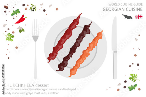 World cuisine guide. Georgian cuisine. Churchkhela dessert  isolated on white, infograpic